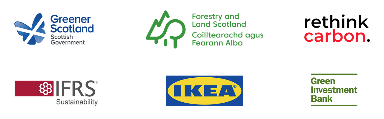 Collection of logos including Scottish Government Greener, IFRS Sustainability, Rethink Carbon and Green Investment Bank